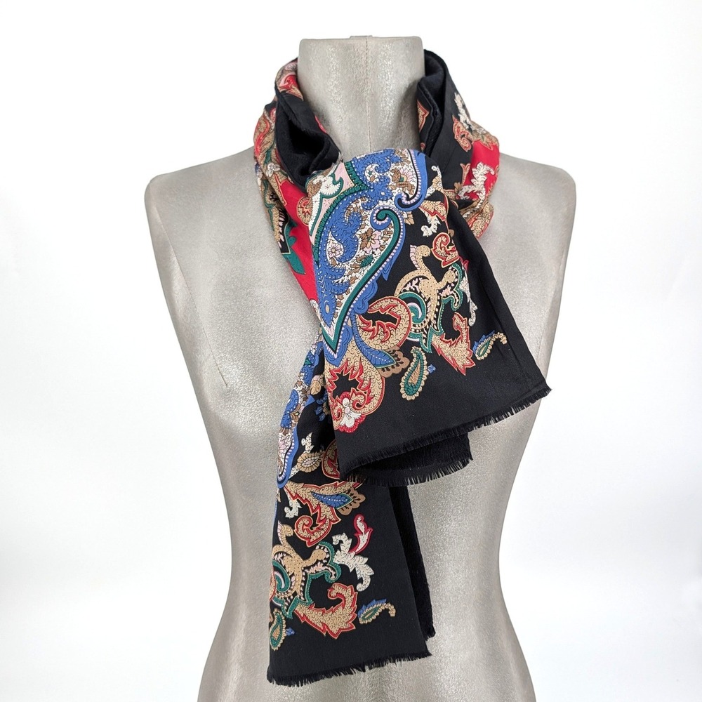 Amanda Smith 100% Silk Wool Paisley Scarf Red Blue Black Lined Autumn Japan